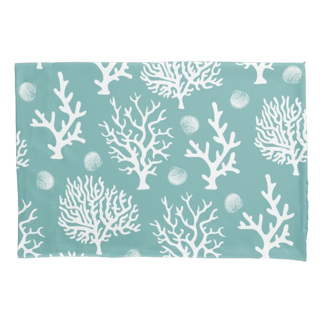 Funda De Cojín Coral blanco costero y verde cristal marino (Anverso)