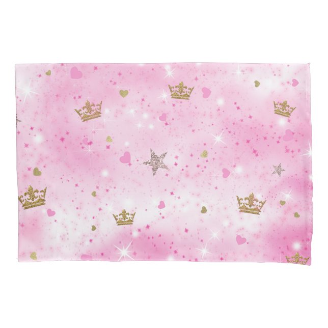 Funda De Cojín Corazones Estrellas Coronas de Princesa Rosa Brill (Anverso)