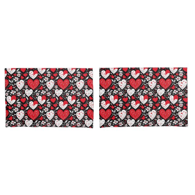 Funda De Cojín Corazones y flores rojas, negras y blancas (Anverso - Set)