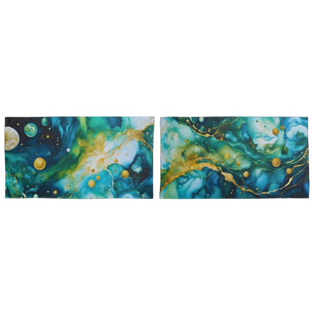 Funda De Cojín Cosmos de tinta azul verde de oro para alcohol (Anverso - Set)
