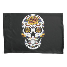 Funda De Cojín Cráneo de azúcar rosa amarillo en negro