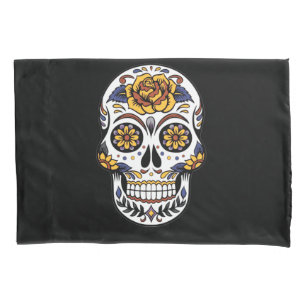 Funda De Cojín Cráneo de azúcar rosa amarillo en negro