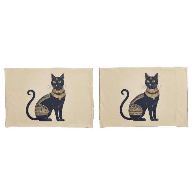 Funda De Cojín Crema de gato negro de inspiración egipcia (Anverso - Set)