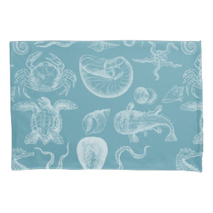 Funda De Cojín Criaturas del Mar Azul Ilustracion de época moder