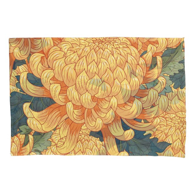Funda De Cojín Crisantemo japonés: patrón floral amarillo. (Anverso)