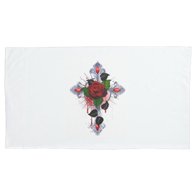 Funda De Cojín Cruz de Plata con una Rosa Roja (Anverso-izquierdo)