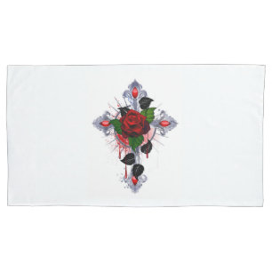 Funda De Cojín Cruz de Plata con una Rosa Roja