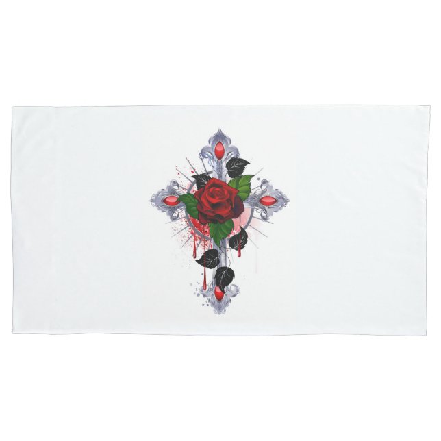 Funda De Cojín Cruz de Plata con una Rosa Roja (Anverso)
