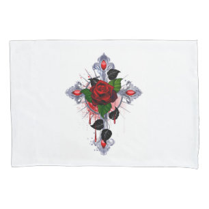 Funda De Cojín Cruz de Plata con una Rosa Roja