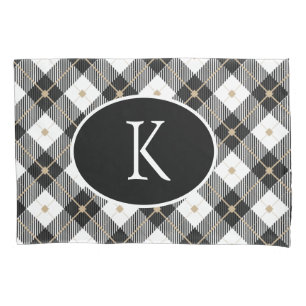 Funda De Cojín Cuadros de Búfalo Negro Blanco Dorado con Monogram