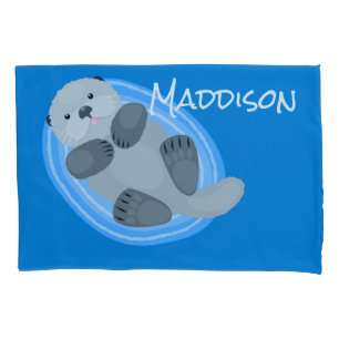 Funda De Cojín Cuidada y feliz nutria azul personalizado ilustrac