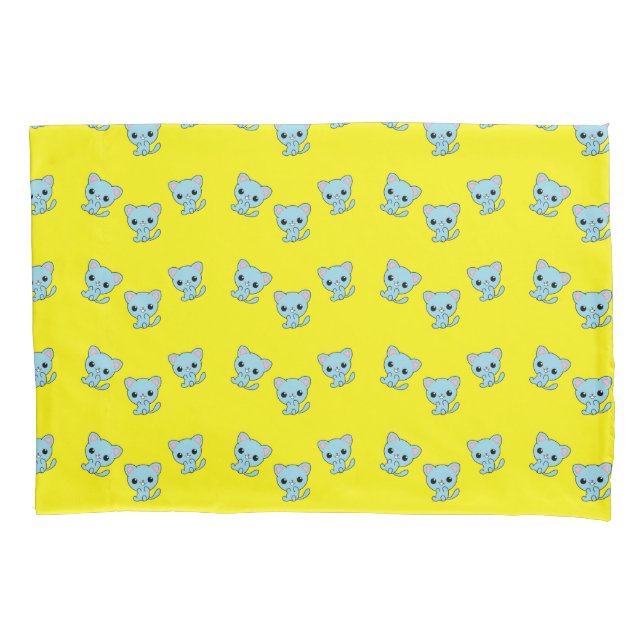 Funda De Cojín Cuidado gatito azul rebote sobre amarillo (Anverso)