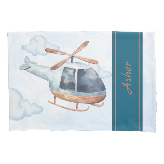 Funda De Cojín Custom Name Blue Watercolor Helicopter Boys (Anverso)