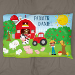 Funda De Cojín Cute Cartoon Barnyard Animals, Farmer, and Tractor<br><div class="desc">Give your little farmer his or her own special barnyard pillow case. Pillow case has a cow, pig, sheep, cat, chicken, horse, and duck. Smiling in the corner is a bright yellow sun and in the foreground is an apple tree and young farmer kid. The pig has baby piglets and...</div>