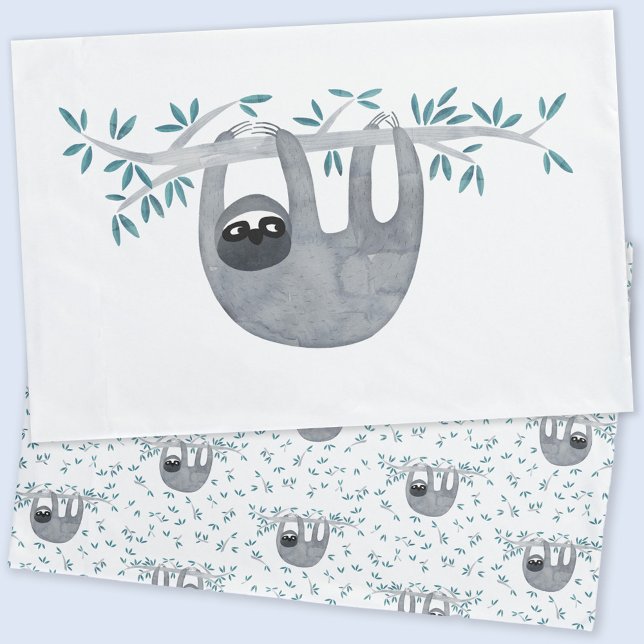 Funda De Cojín Cute Slote Watercolor (Sloth watercolor pillowcase with matching sloth pattern on the reverse)