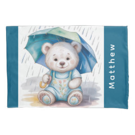 Funda De Cojín Cute Teddy Bear With Umbrella Boy Baby Shower Gift