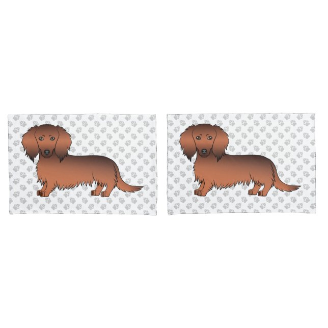 Funda De Cojín Dachshund Cartoon Perro & Huellas de Sable Rojo Pe (Anverso - Set)