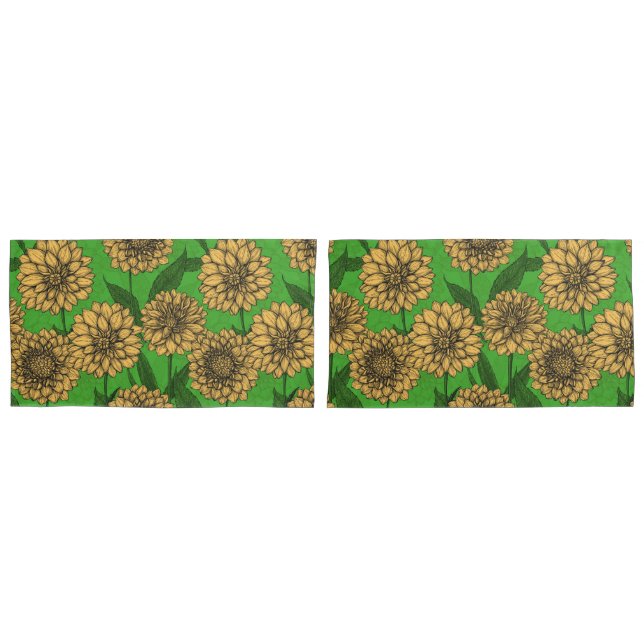Funda De Cojín Dahlias en amarillo y verde (Anverso - Set)