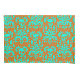 Funda De Cojín Damasco de llamas de cráneo en verde tóxico en nar