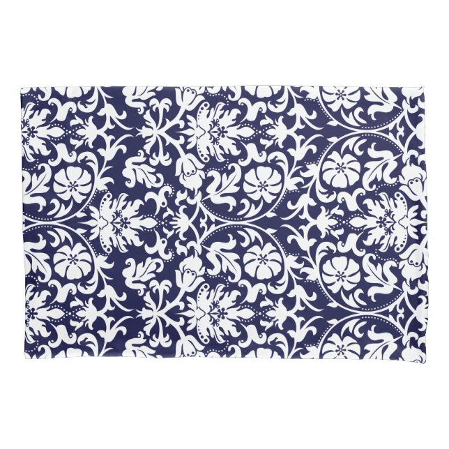 Funda De Cojín Damasco floral blanco y azul de la marina (Anverso-izquierdo)