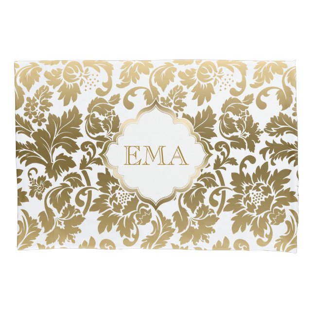 Funda De Cojín Damasco floral de oro monogramado (Anverso)