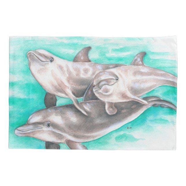 Funda De Cojín Delfínes felices verde azulados (Reverso)