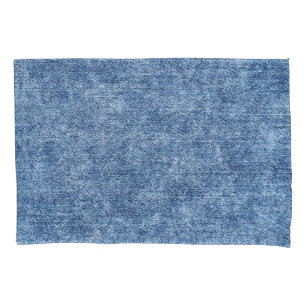 Funda De Cojín Denim azul de lavado con ácido, textura de cierre.