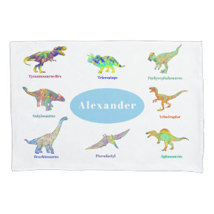 Funda De Cojín Dinosaurios coloridos con nombres Patrón Azul