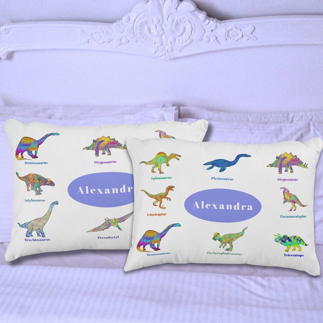 Funda De Cojín Dinosaurios con nombres Patrón Periwinkle (Dinosaurs with names colorful pattern personalized name periwinkle dino pillow case)
