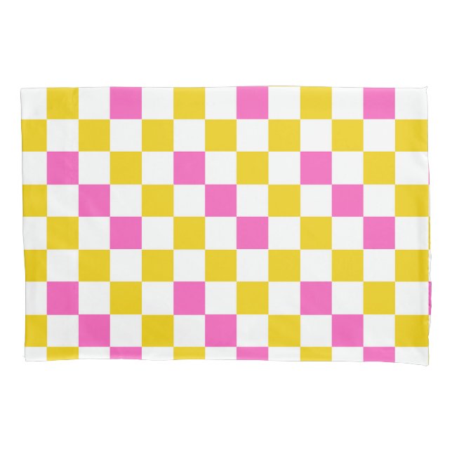 Funda De Cojín Diseño a cuadros amarillo blanco rosa (Anverso)