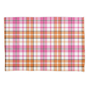 Funda De Cojín Diseño de cuadros escoceses blanco rosa naranja
