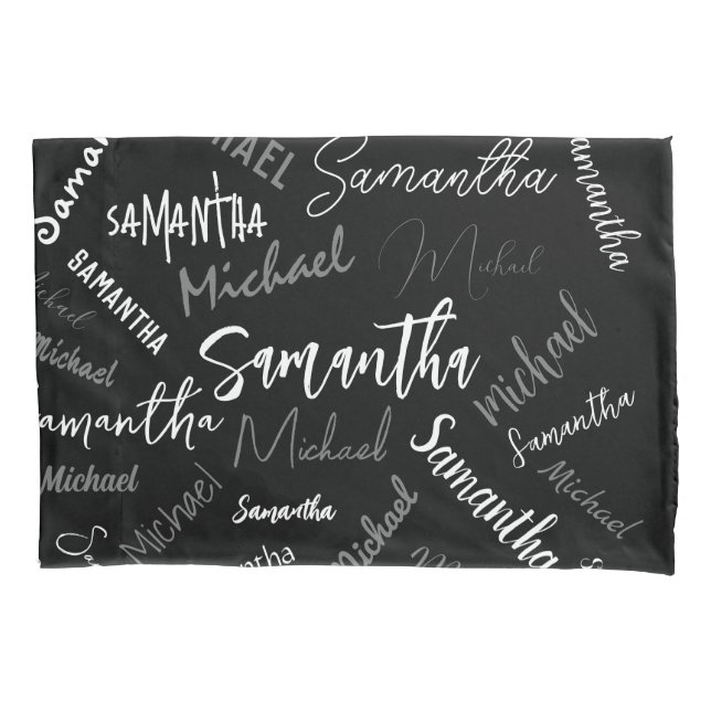 Funda De Cojín Dos nombres pareja patrón monograma blanco negro (Anverso)