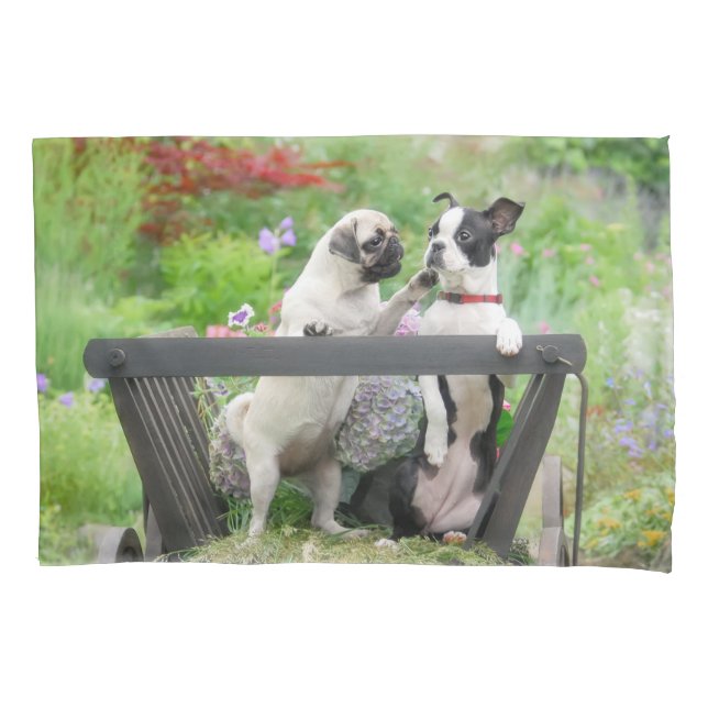 Funda De Cojín Dos perros un cachorro y Boston Terrier en un carr (Anverso)