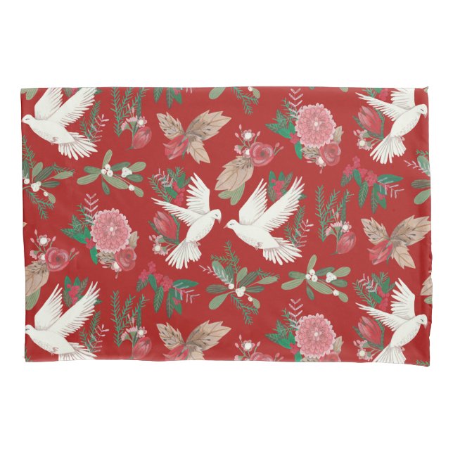 Funda de cojín Doves floral Navidad rojo verde (Anverso)