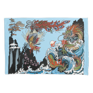 Funda De Cojín Dragón verde y Feng Huang. Ilustración