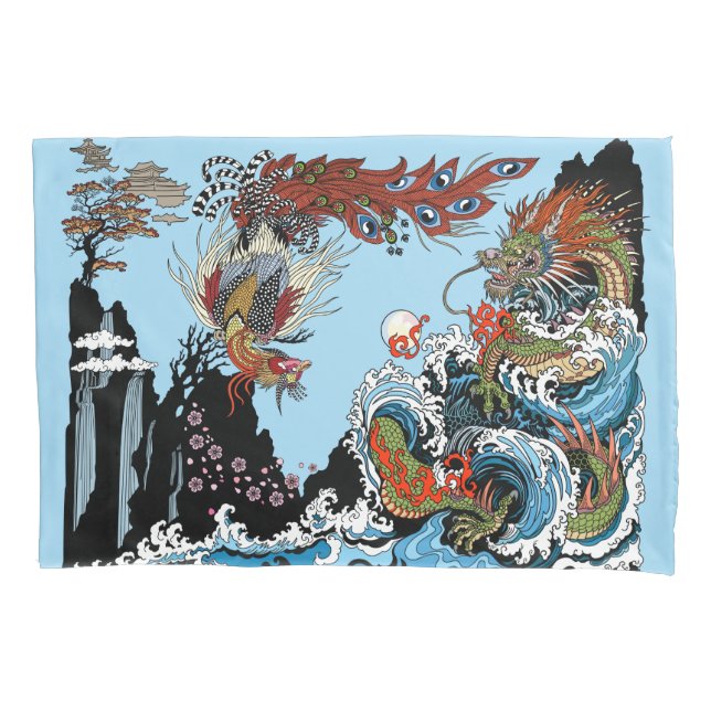Funda De Cojín Dragón verde y Feng Huang. Ilustración (Anverso)