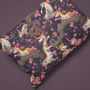 Funda De Cojín Dragones dorados y blancos con flores de cerezo