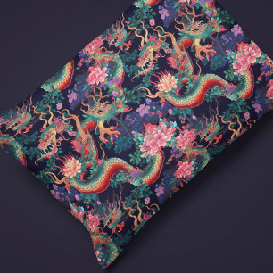 Funda De Cojín Dragones y flores de neón