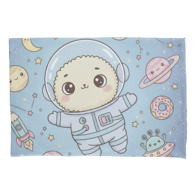 Funda De Cojín Dulce Kawaii Espacio - Astronauta y Luna Sonriente (Anverso)