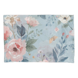 Funda De Cojín Dusty Blue Floral Watercolor Garden Pink Blooms