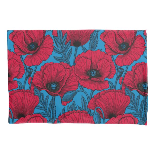 Funda De Cojín El jardín de amapola roja en azul (Anverso)