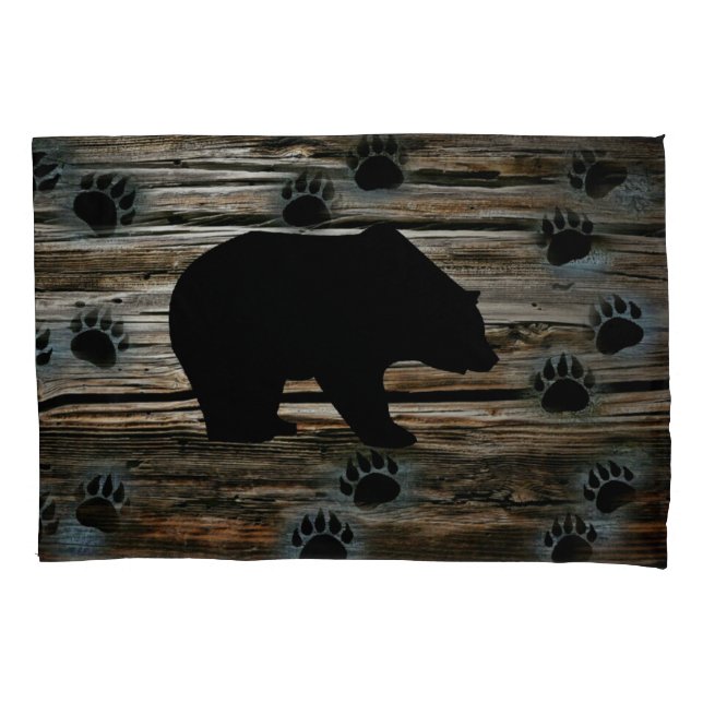 Funda De Cojín El oso negro traza madera rústica (Anverso)