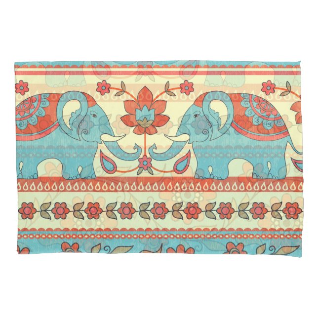 Funda De Cojín Elefantes, flores, estampado étnico (Anverso)