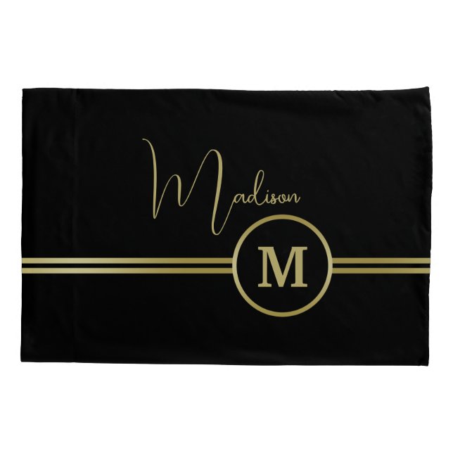 Funda De Cojín Elegant Gold Signature Monogram on Black (Reverso)