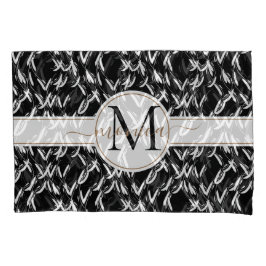 Funda De Cojín Elegante Black Abstract Floral Gold Monogramado