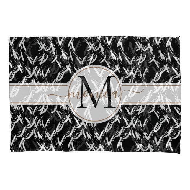 Funda De Cojín Elegante Black Abstract Floral Gold Monogramado (Anverso)