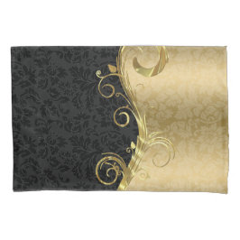 Funda De Cojín Elegante Black Damask Gold Swirls