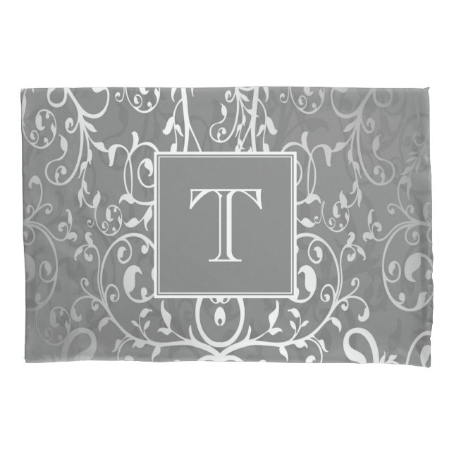 Funda De Cojín Elegante gris floreciente Monograma Pillowcase (Anverso)