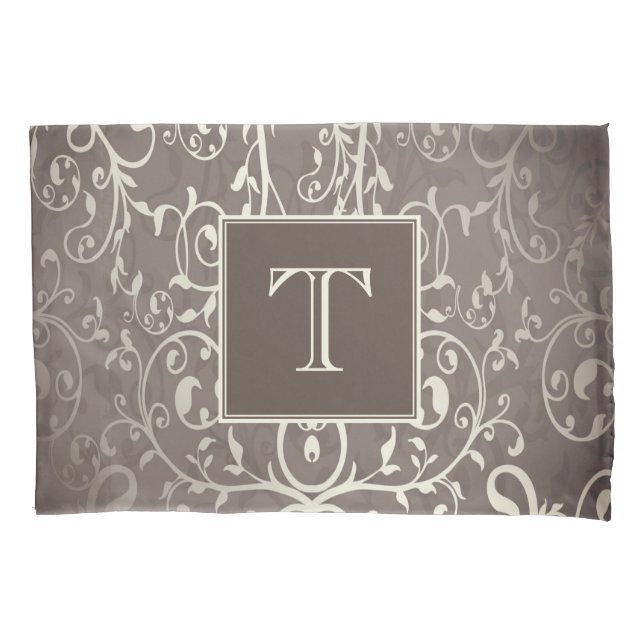 Funda De Cojín Elegante marrón floreciente Monograma Pillowcase (Anverso)