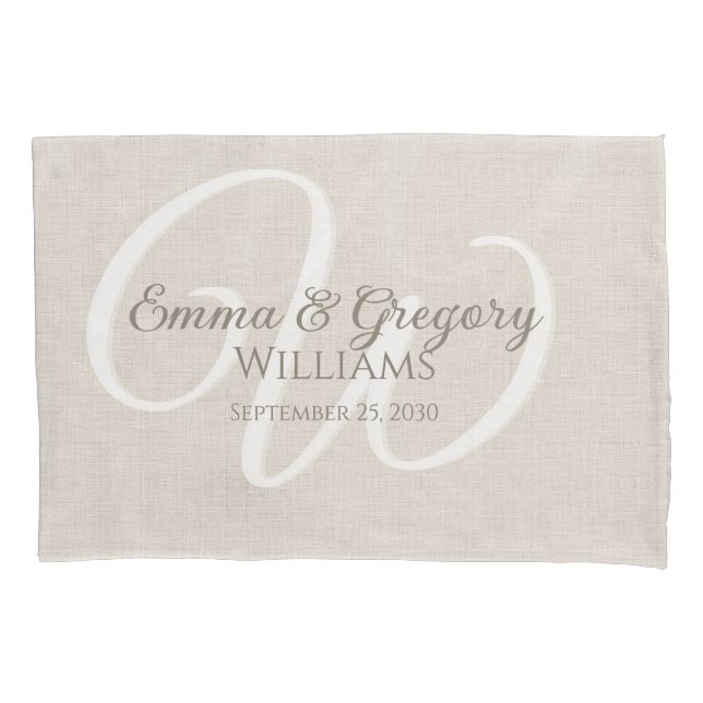Funda De Cojín Elegante Monograma Blanco de Lino (Anverso)